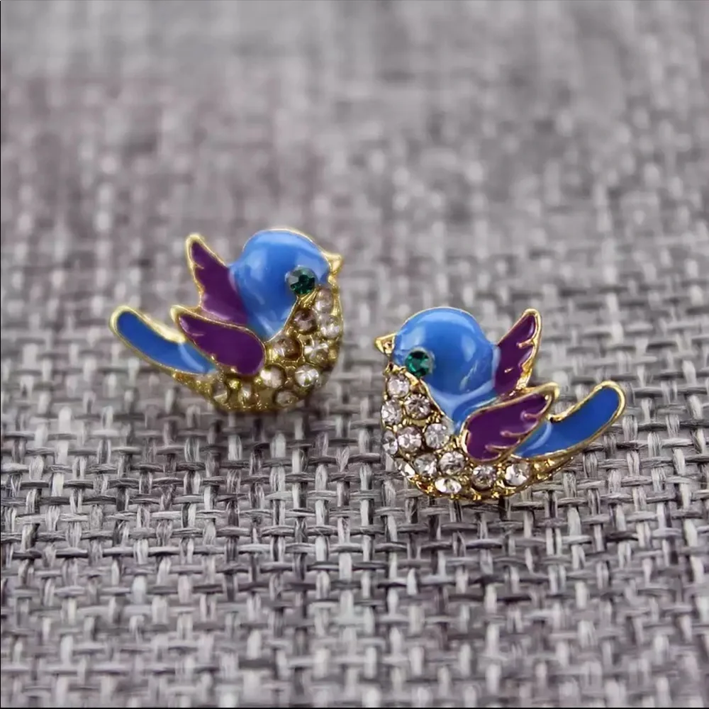 Blue and Purple Bird Earrings - Picture 3 of 4